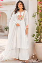 Cream Cotton Ready-Made Suit with Elegant Neck Embroidery