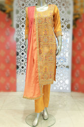 Mustard Tussar Silk Sequin Embroidered Unstitched Suit