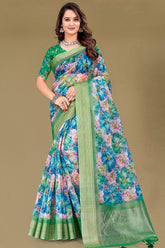 Green Organza Saree with Floral Embroidery & Shimmer Border