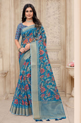 Gulabo Print Blue Cotton Embroidered Border Saree