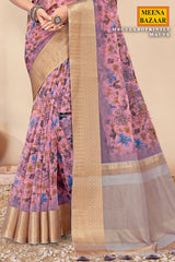 Gulabo Print Mauve Cotton Embroidered Border Saree