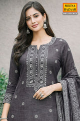 Grey Cotton Embroidered Unstitched Suit Set