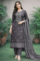 Grey Cotton Embroidered Unstitched Suit Set