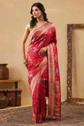 Rani Silk Saree with Multicolour Floral Banarasi Weave