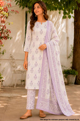 Purple Bloom Printed Cotton Suit Set with Dupatta