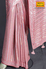 Deep Salmon Pink Georgette Sequin Embroidered Saree