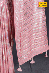 Deep Salmon Pink Georgette Sequin Embroidered Saree