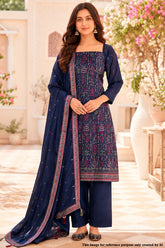 Navy Tussar Silk Unstitched Suit with Intricate Thread Embroider