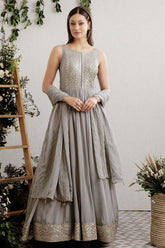Grey Embroidered Georgette Anarkali Suit