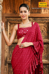 Maroon Georgette Swarovski Embedded Saree