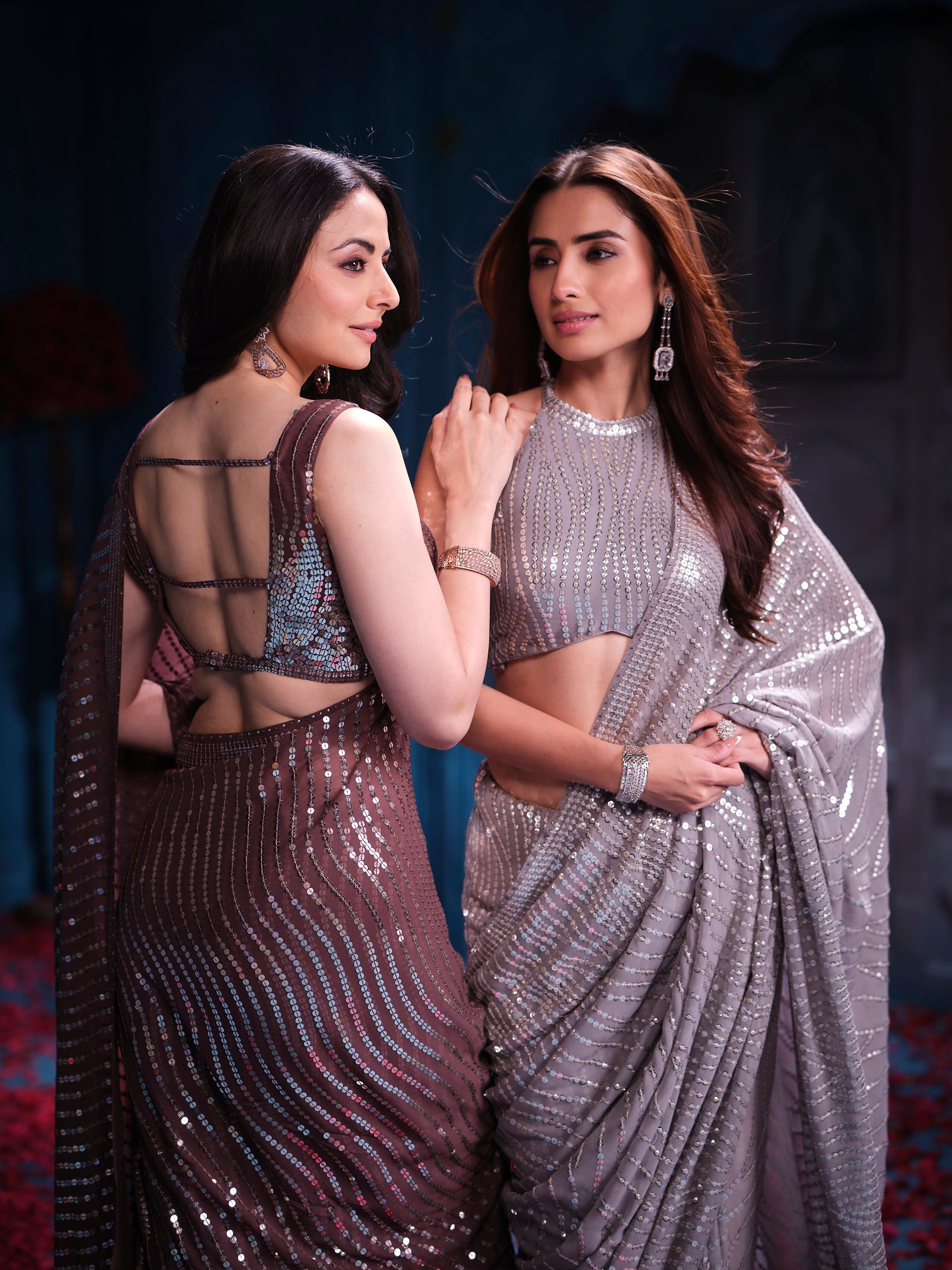 Grey Georgette Sequins Designer Saree Party & Wedding Wear