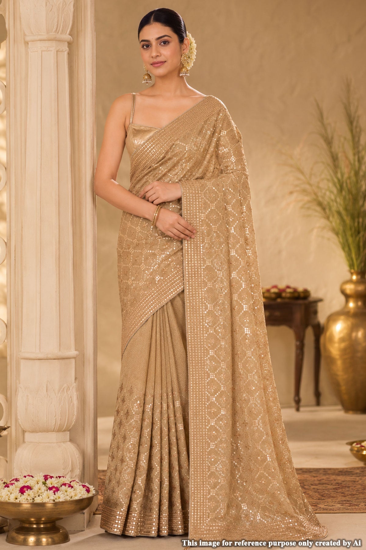 Fawn Tissue Embroidered Saree