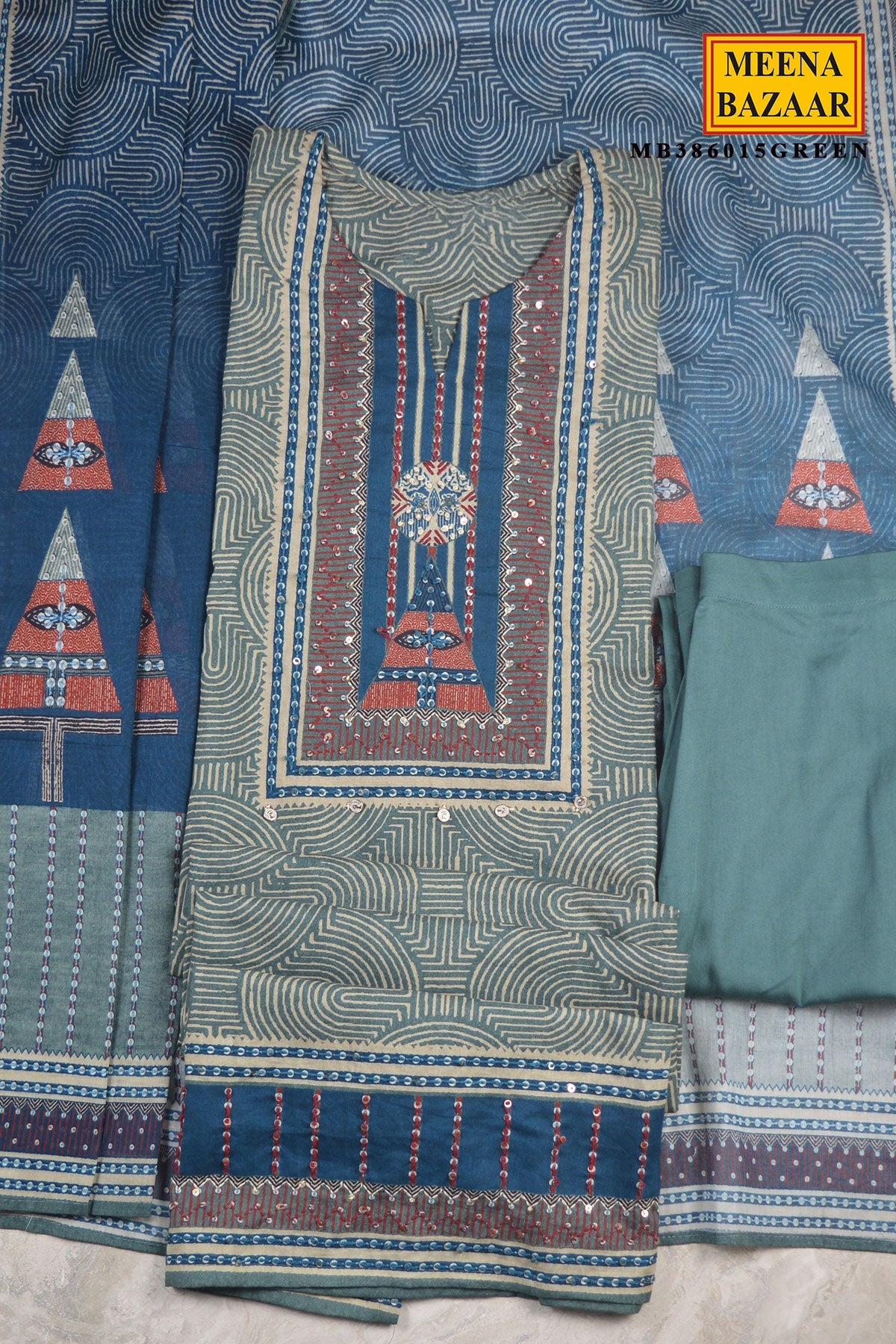 Green Printed Ready Made Suit Set with Dupatta