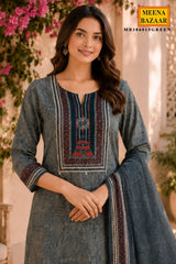 Green Printed Ready Made Suit Set with Dupatta