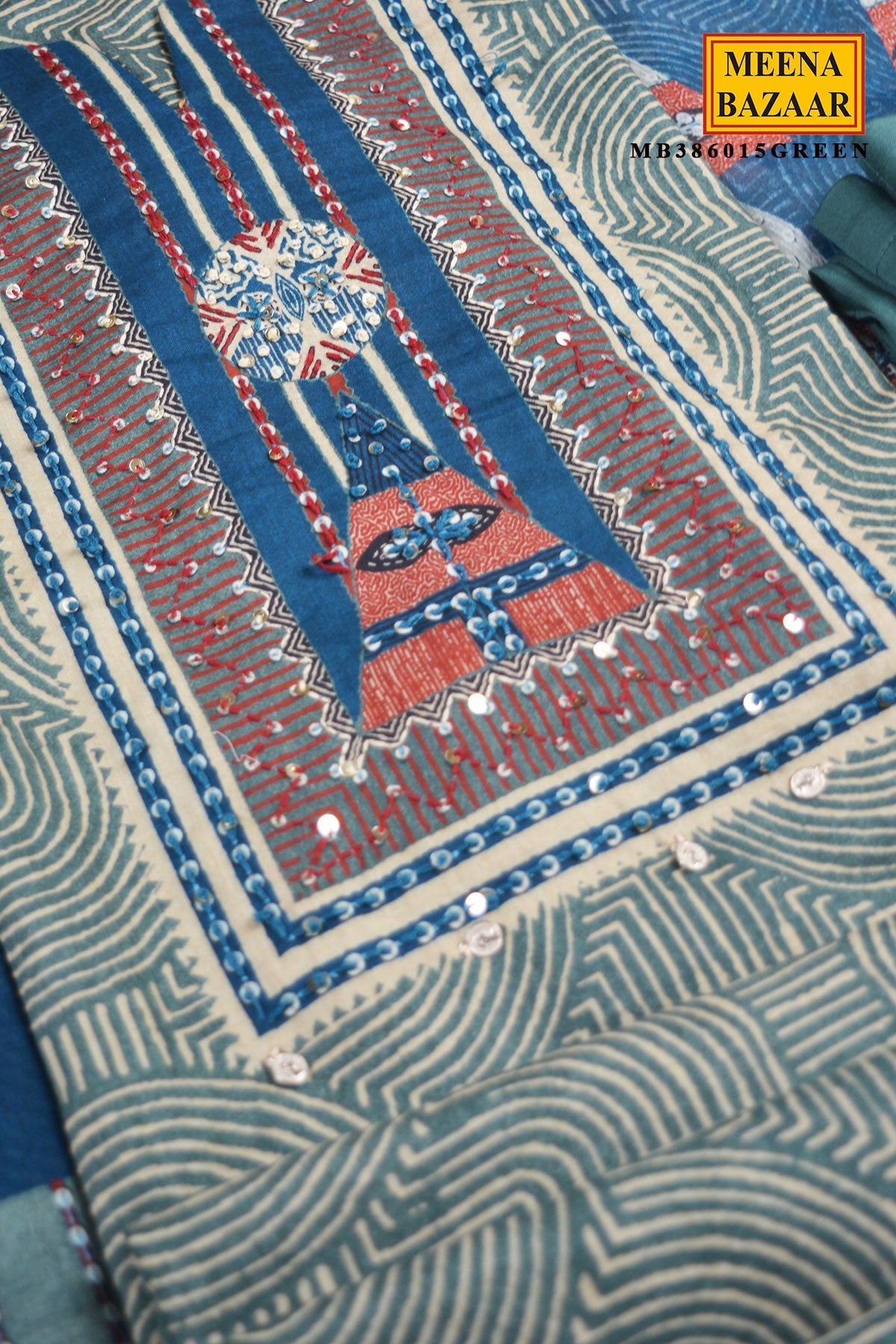 Green Printed Ready Made Suit Set with Dupatta