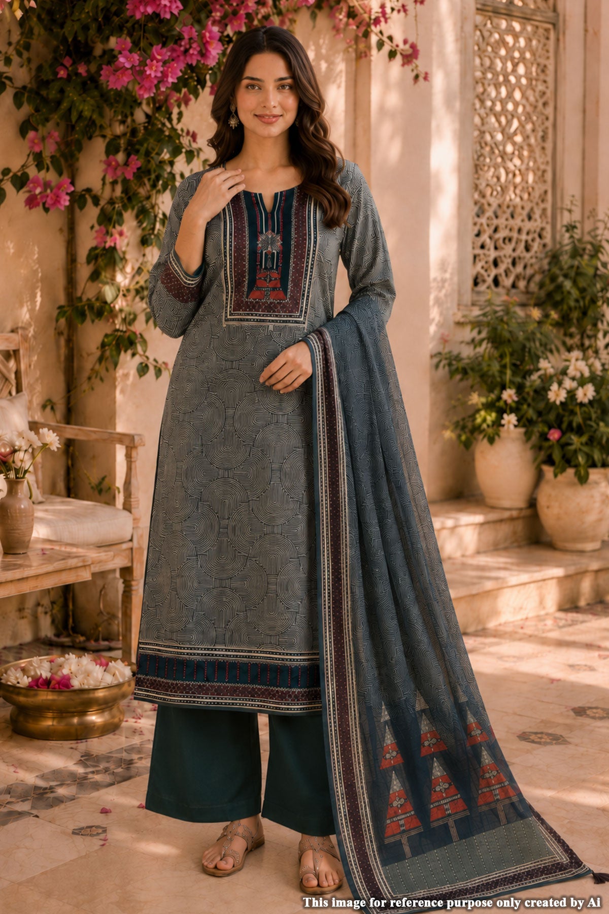 Green Printed Ready Made Suit Set with Dupatta