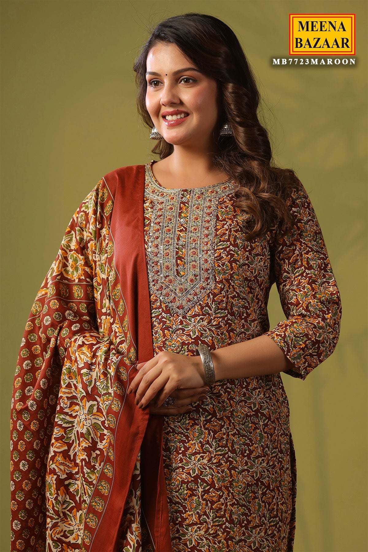 Emerald Maroon Cotton Ready Made Suit