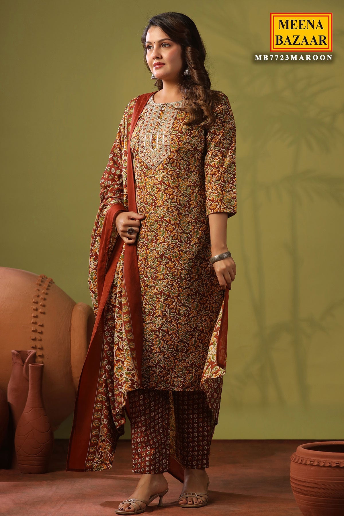 Emerald Maroon Cotton Ready Made Suit