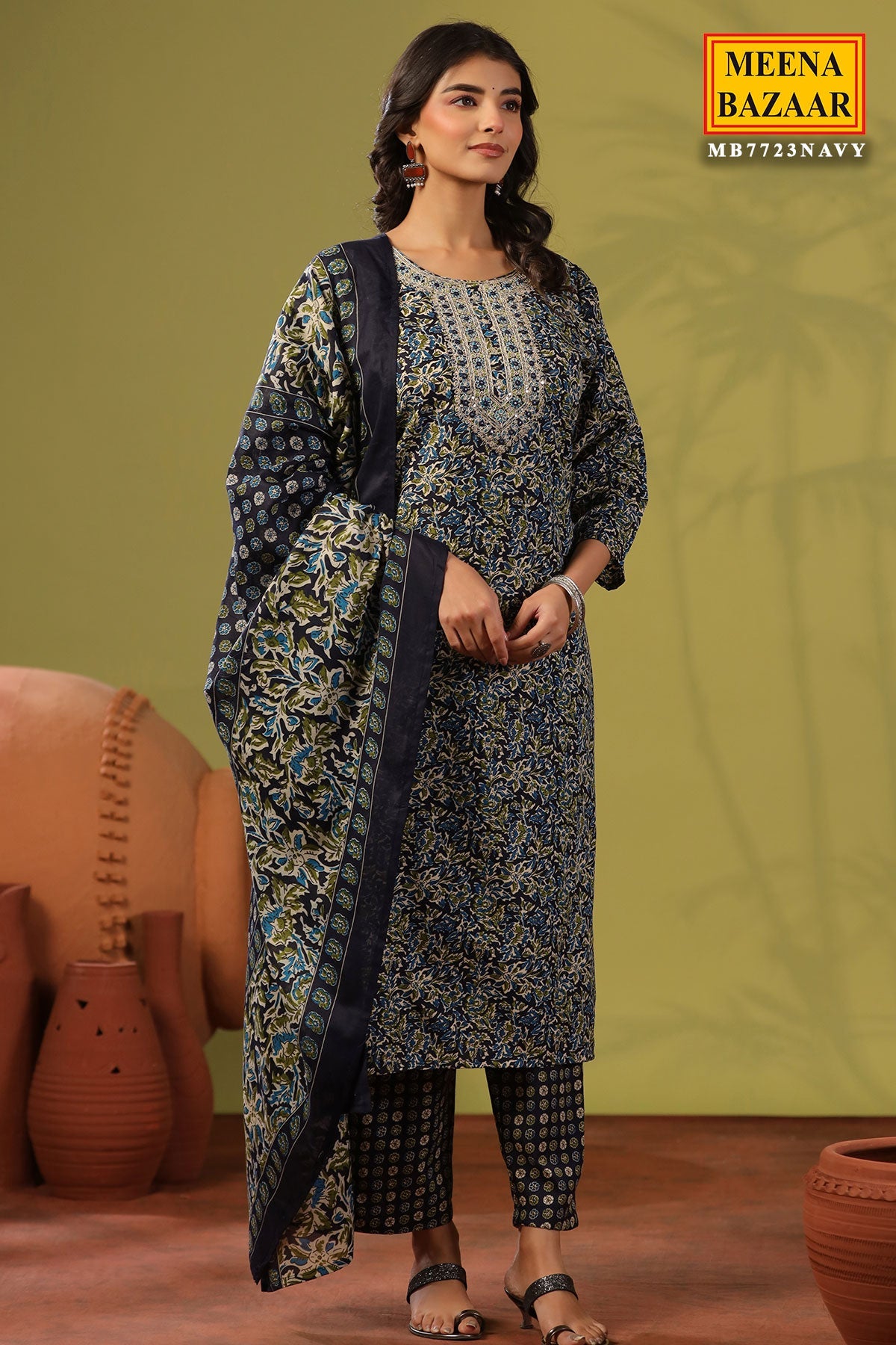 Emerald Navy Cotton Ready Made Suit