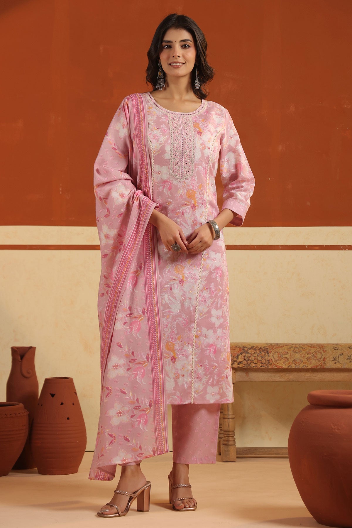 Pink Cotton Ready made Suit Set with Embroidered Neck