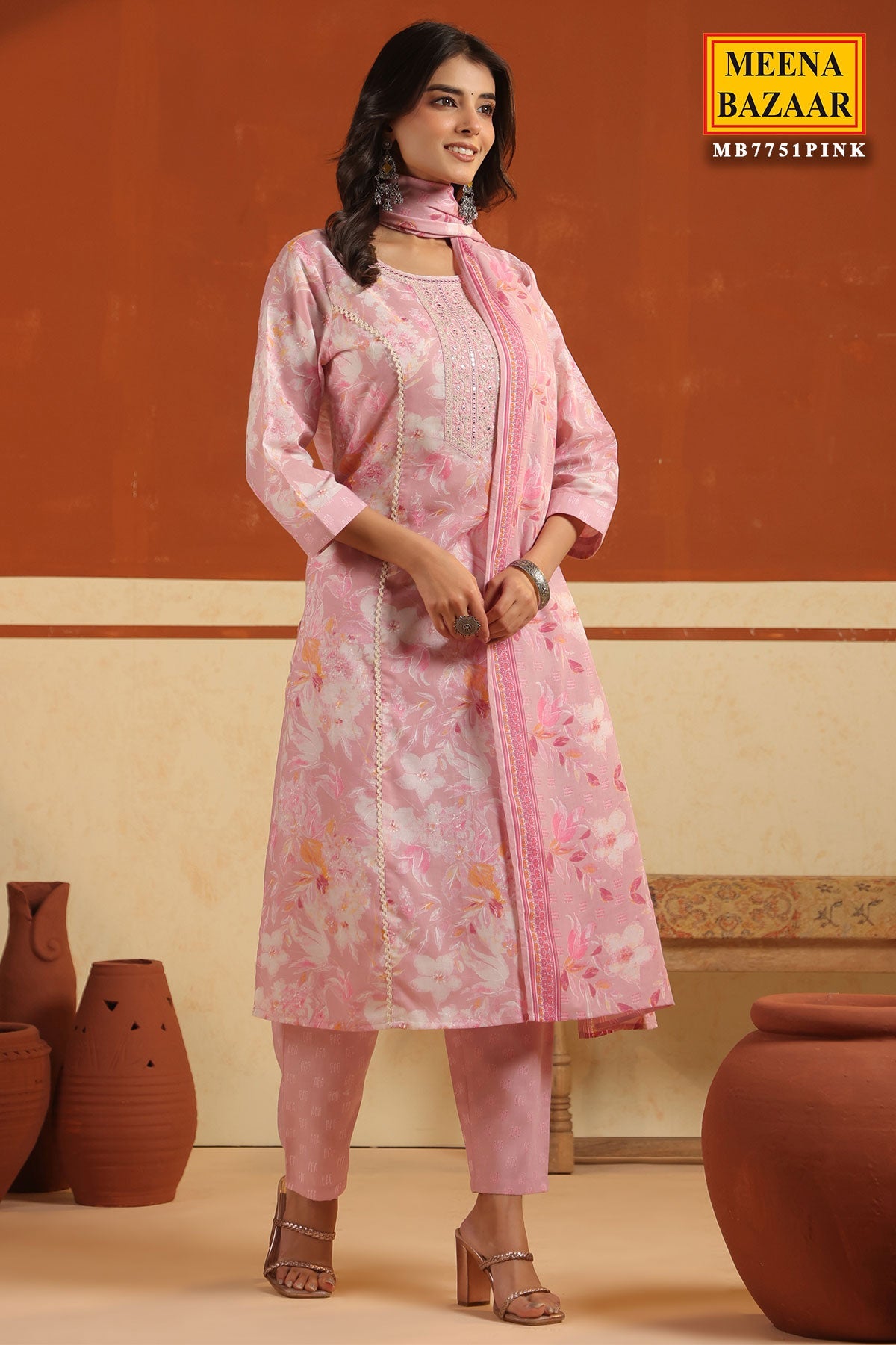 Pink Cotton Ready made Suit Set with Embroidered Neck