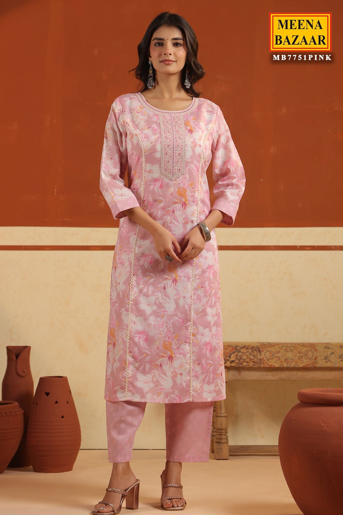 Pink Cotton Ready made Suit Set with Embroidered Neck