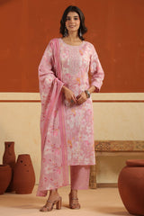 Pink Cotton Ready made Suit Set with Embroidered Neck
