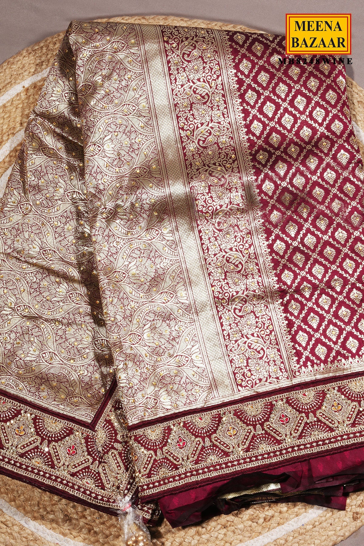Wine Silk Embroidered Border Saree
