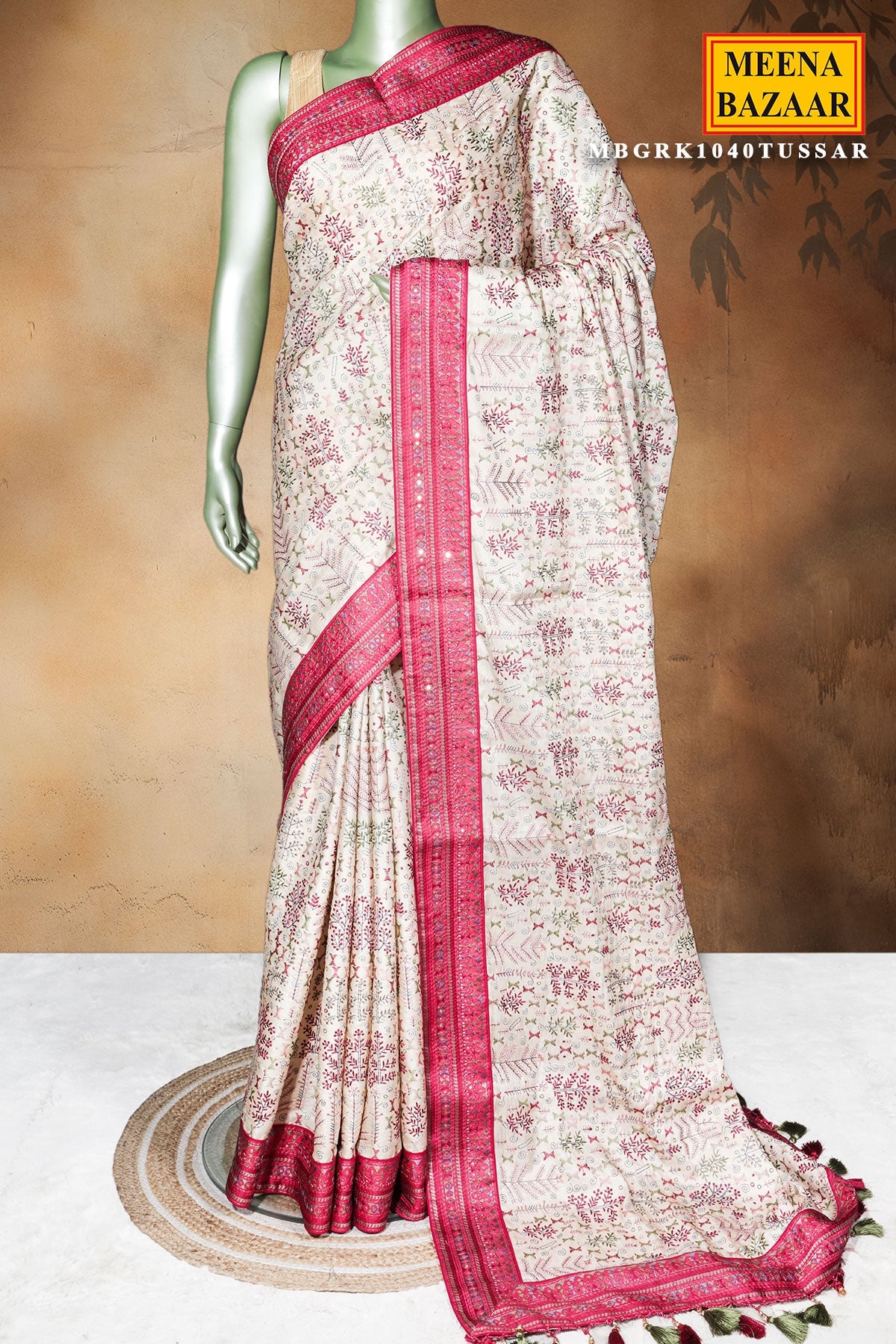 Tusar Silk Saree with Intricate Thread Work & Maroon Sequin Border
