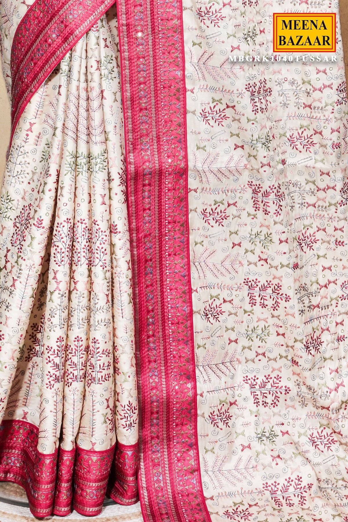Tusar Silk Saree with Intricate Thread Work & Maroon Sequin Border