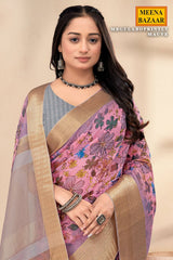Gulabo Print  Mauve Cotton Embroidered Border Saree