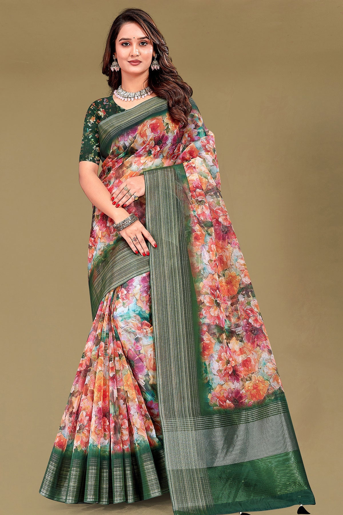 Gulabo Print  Orange Cotton Saree