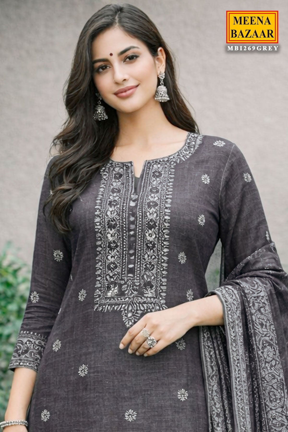 Grey Cotton Embroidered Unstitched Suit