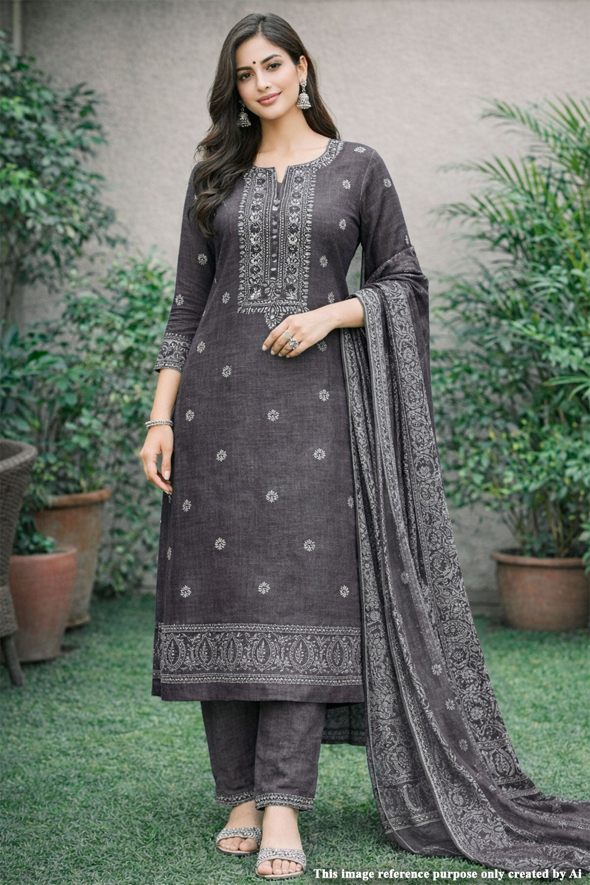 Grey Cotton Embroidered Unstitched Suit Set