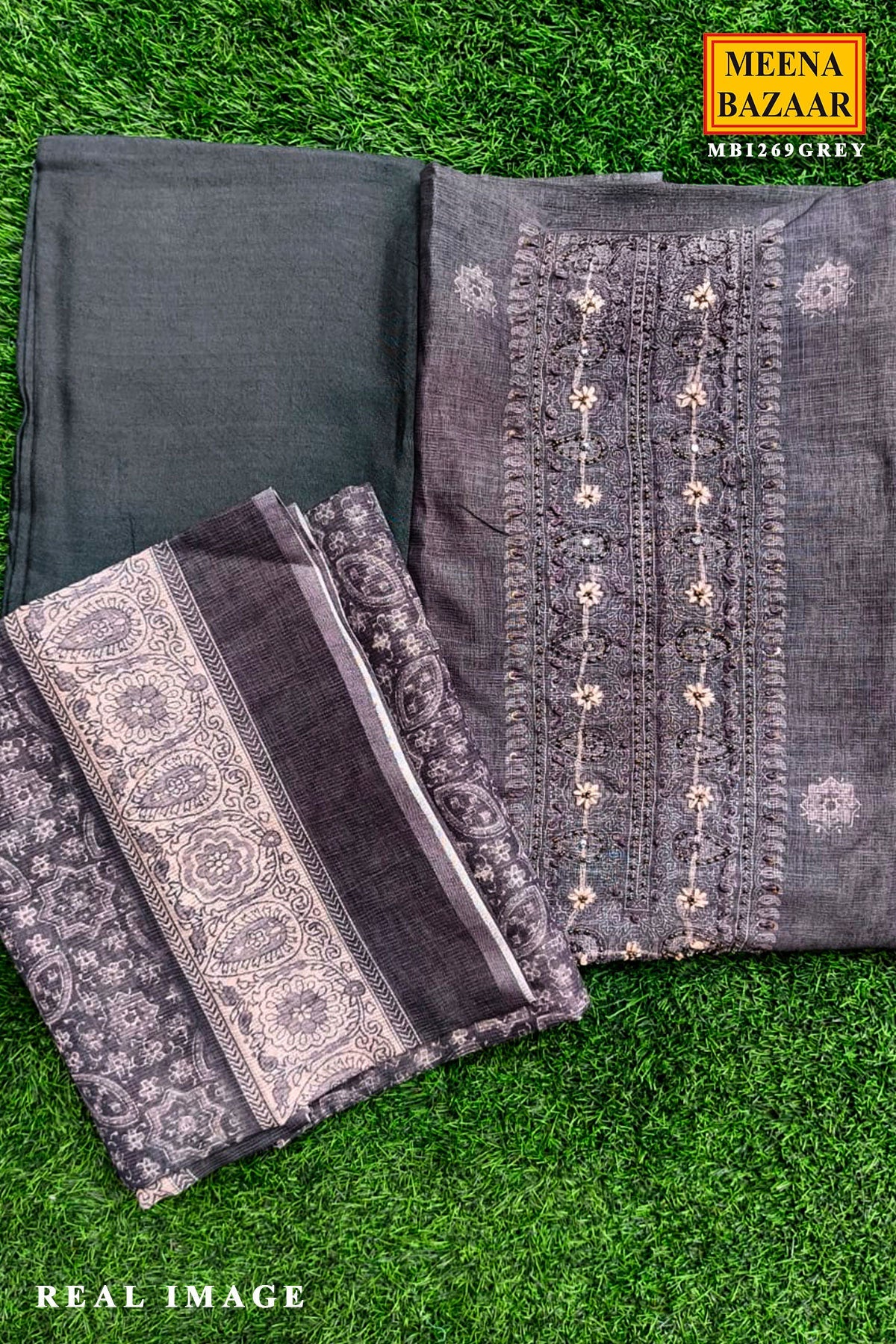 Grey Cotton Embroidered Unstitched Suit