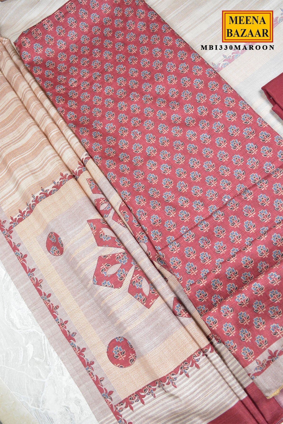 Maroon Floral Print Silk Suit Set