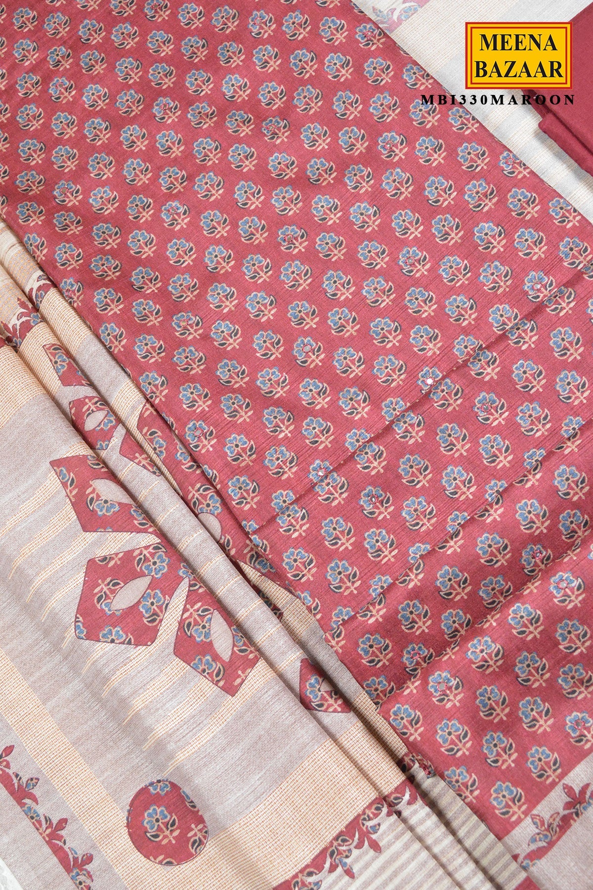Maroon Floral Print Silk Suit Set