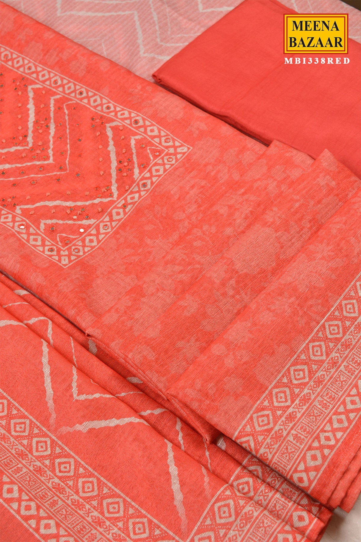 Red Printed Silk Suit Set with Dupatta