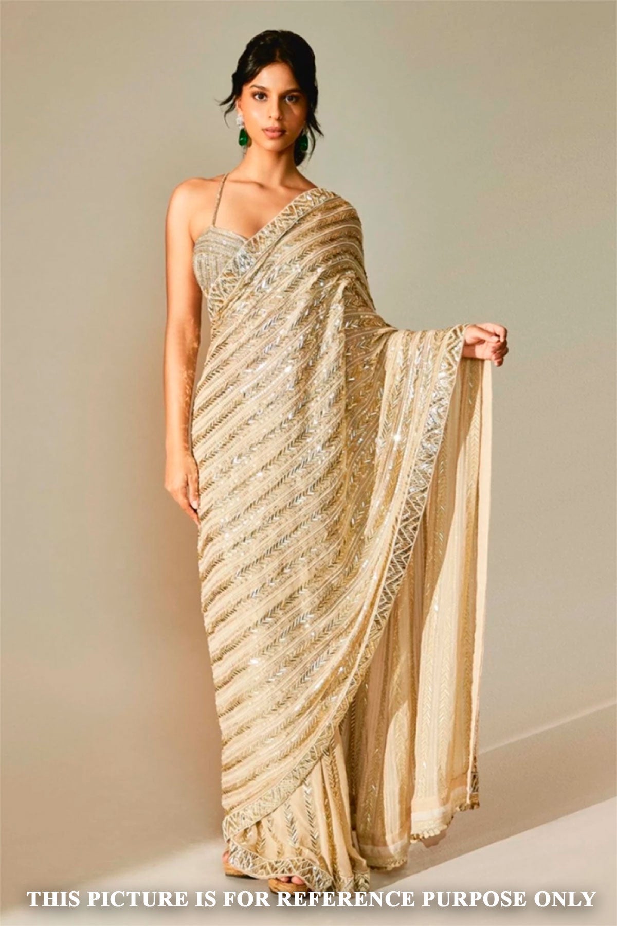 Cream Georgette Sequin  Embroidered Saree