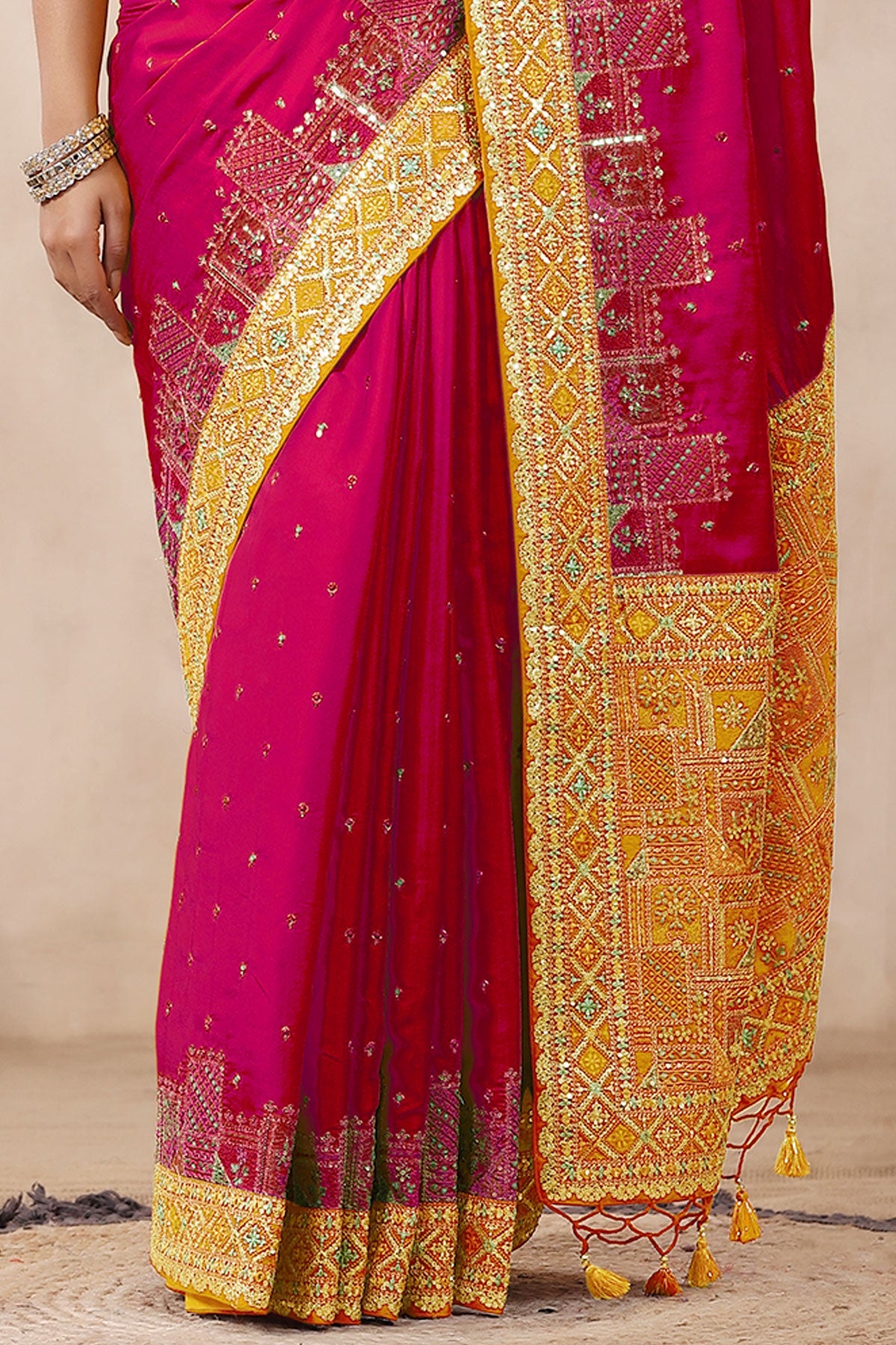 Rani Silk Threadwork Zari and Sequins Embroidered Saree