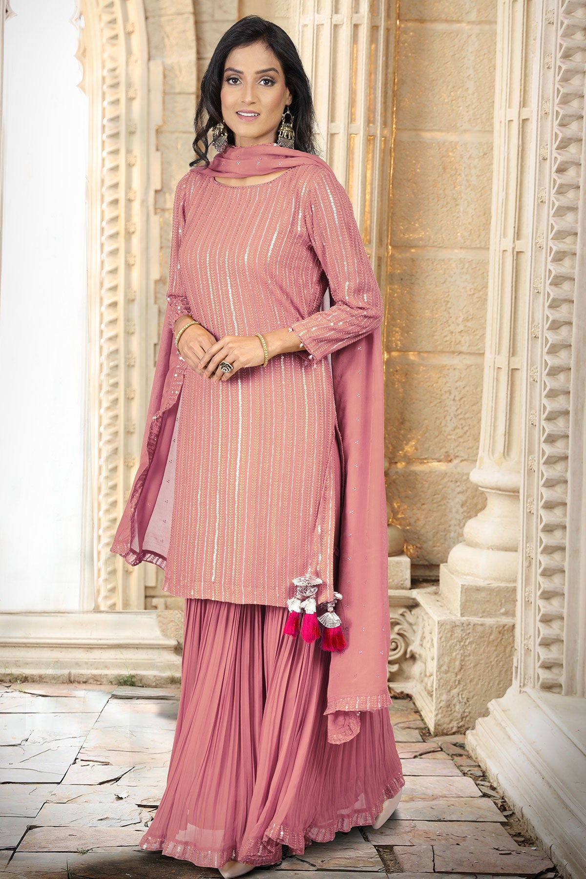 Mauve Georgette Sequin Embroidered Suit Set