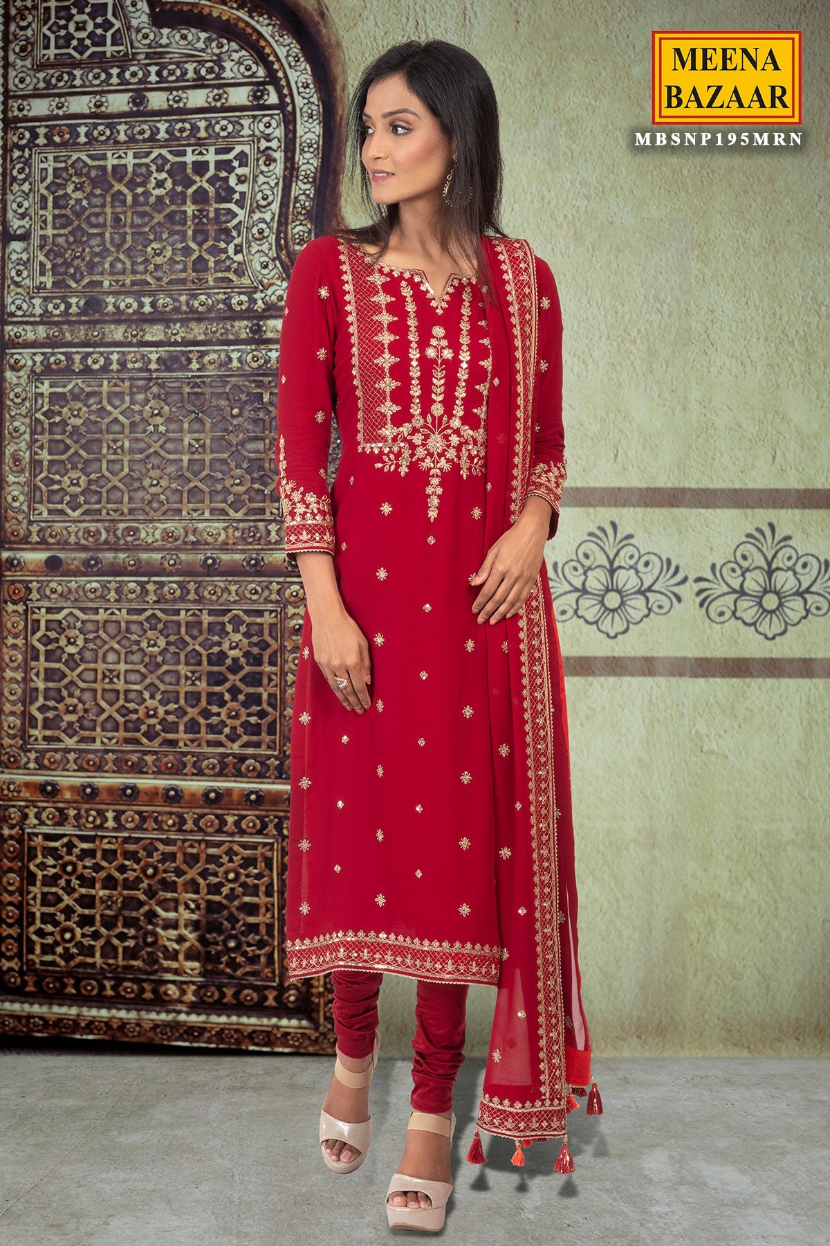 Maroon Sequin Georgette Unstitched Suit