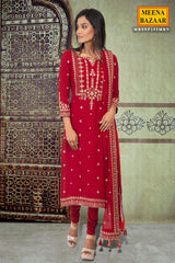 Maroon Sequin Georgette Unstitched Suit