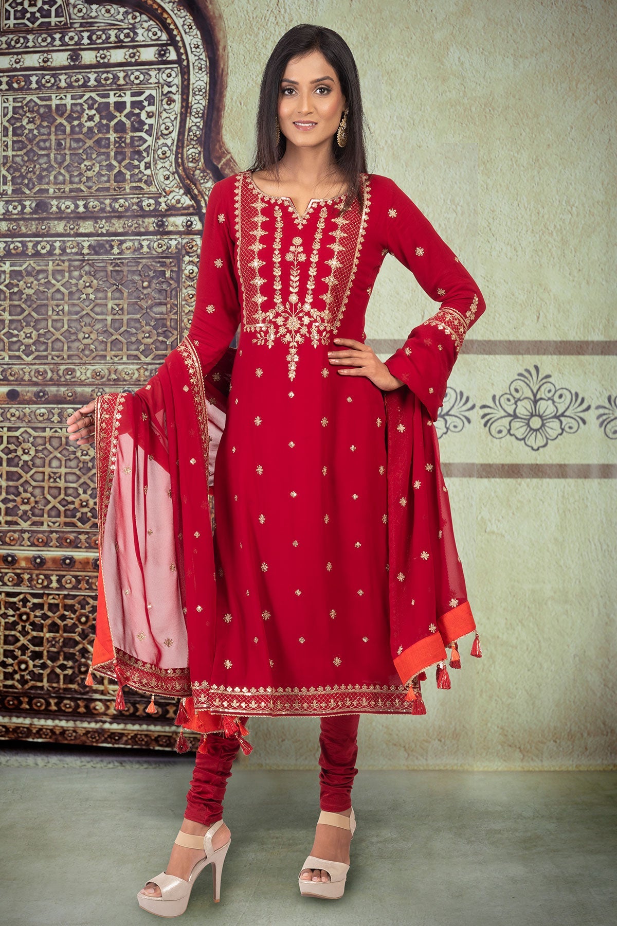 Maroon Sequin Georgette Unstitched Suit