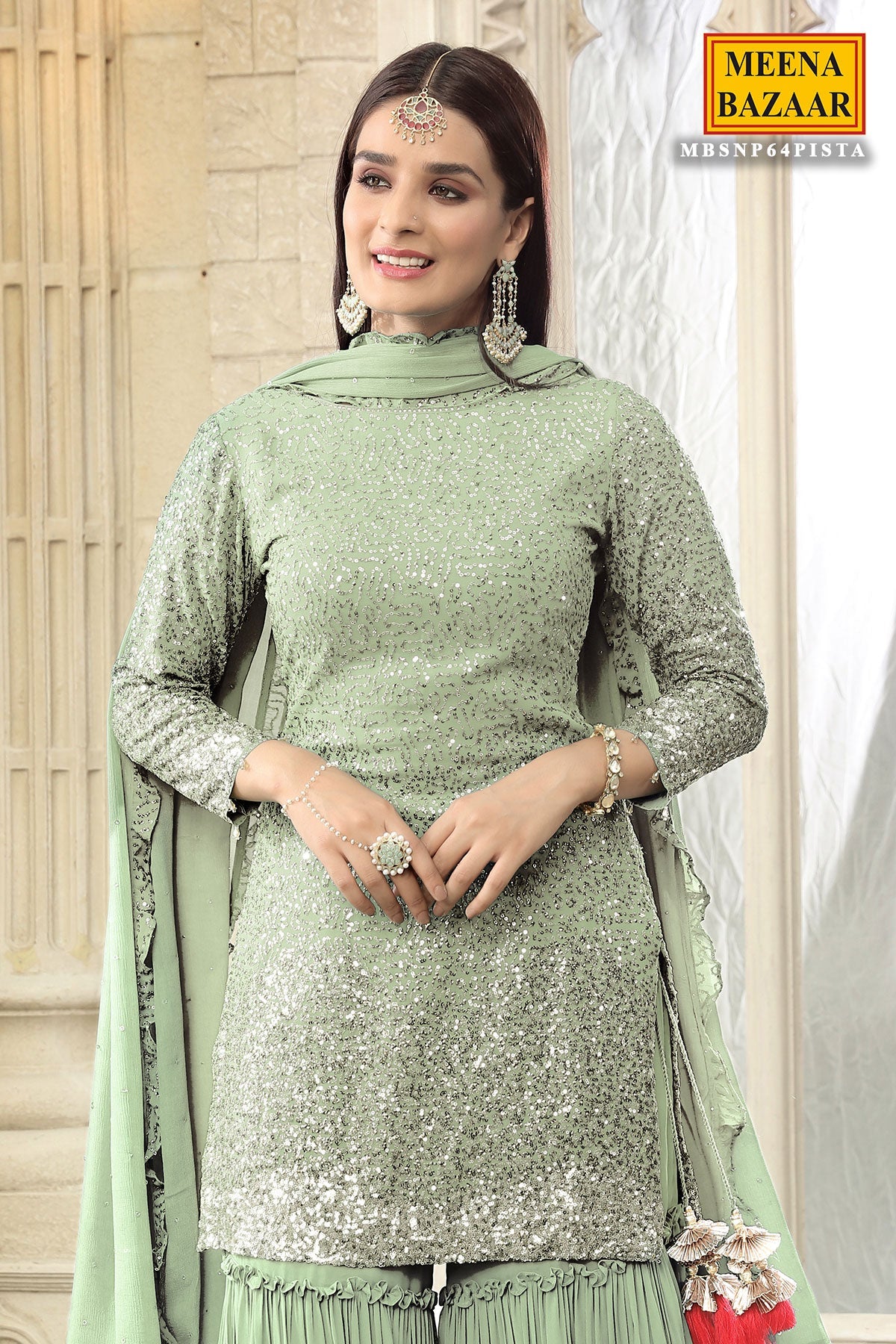 Pista Green Georgette Sequins Embroidered Gharara Suit Set